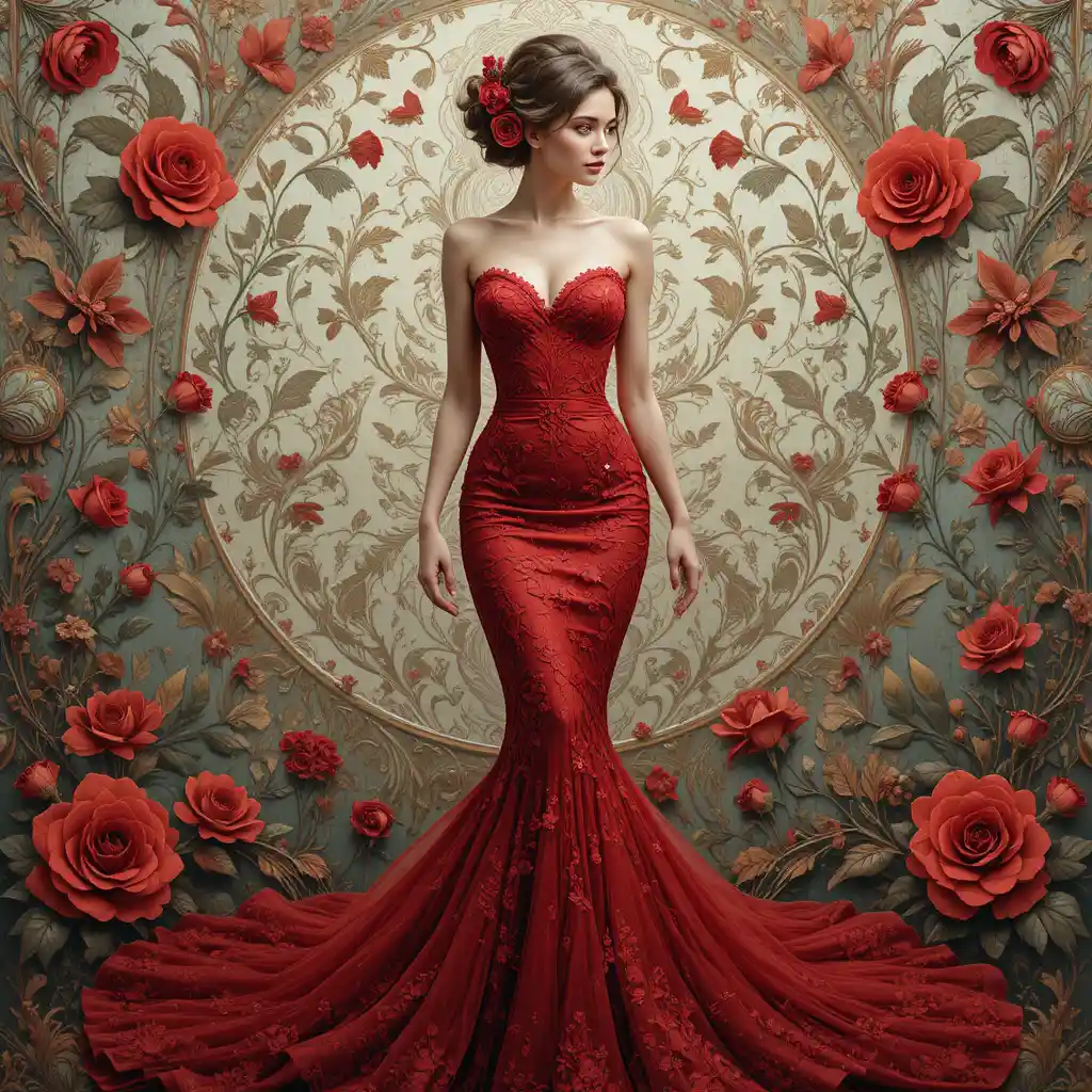 Mujer con vestido de encaje rojo entre fondo floral ornamentado