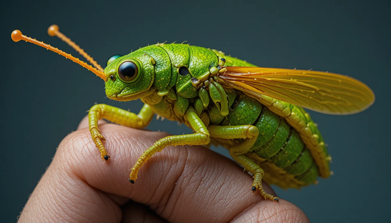 Vista macro de un saltamontes verde aferrado a un pulgar humano