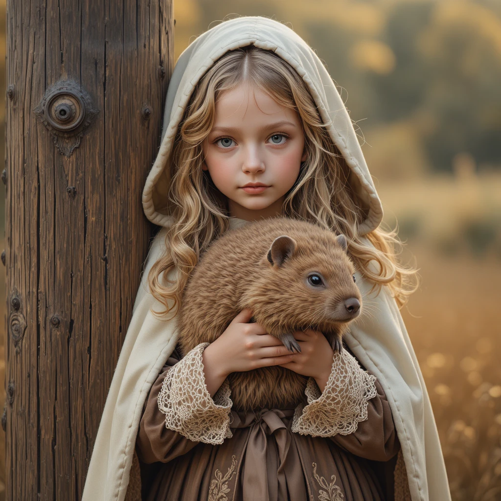 Niña medieval sosteniendo una marmota en una escena rústica y cálida