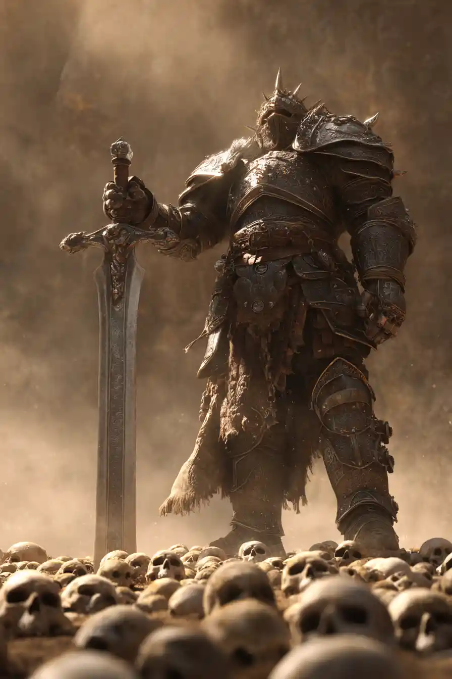 Guerrier paladin debout sur un champ de bataille jonché de crânes dans le brouillard