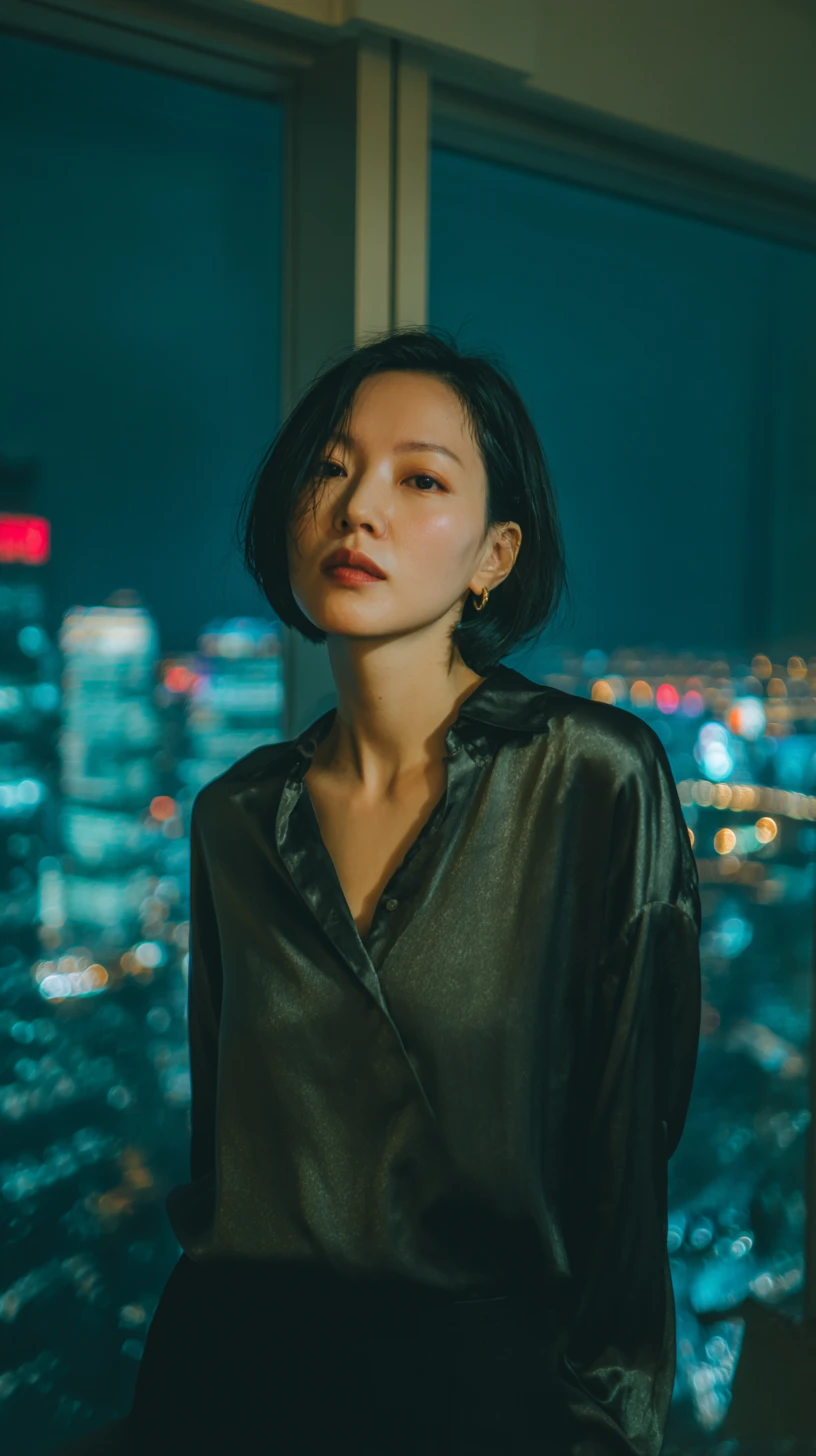 夜晚城市公寓窗邊的東亞女子