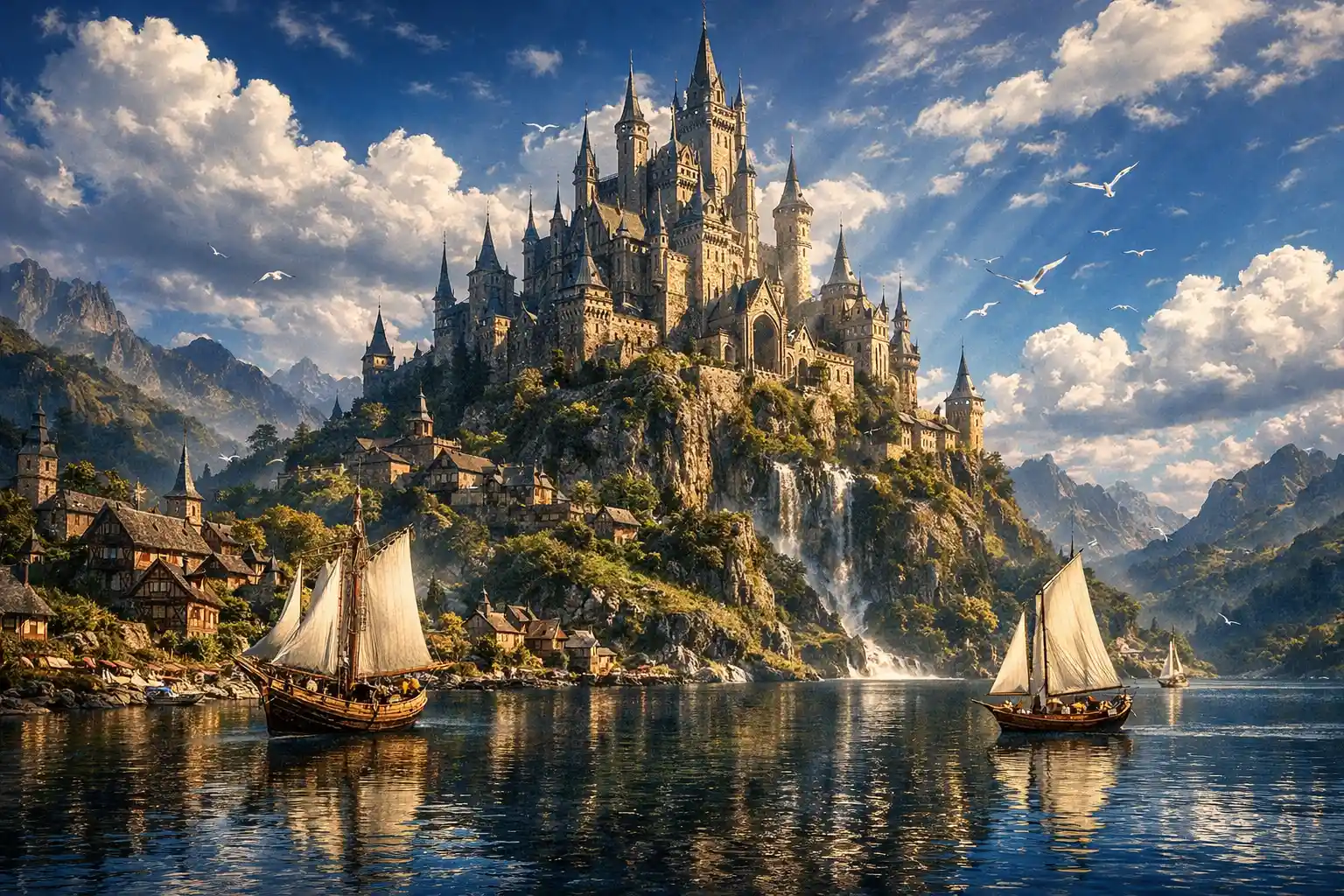 Castelo fantástico sobre um porto tranquilo com veleiros