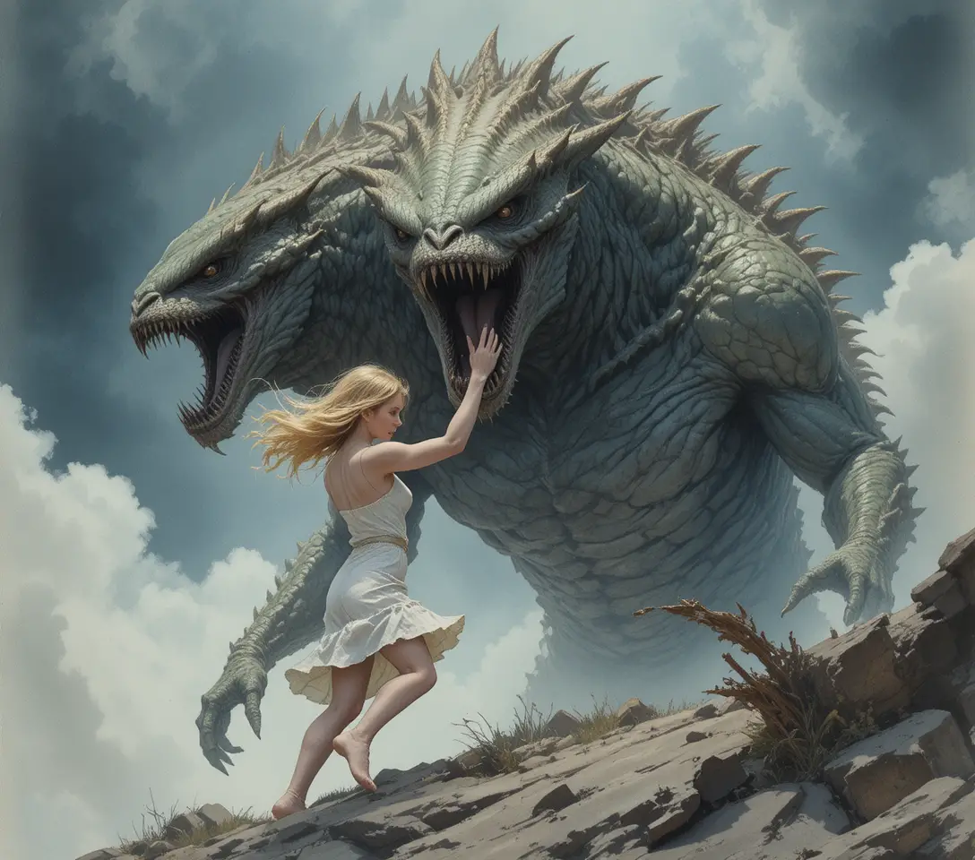 Blonde girl riding a three headed monster under storms