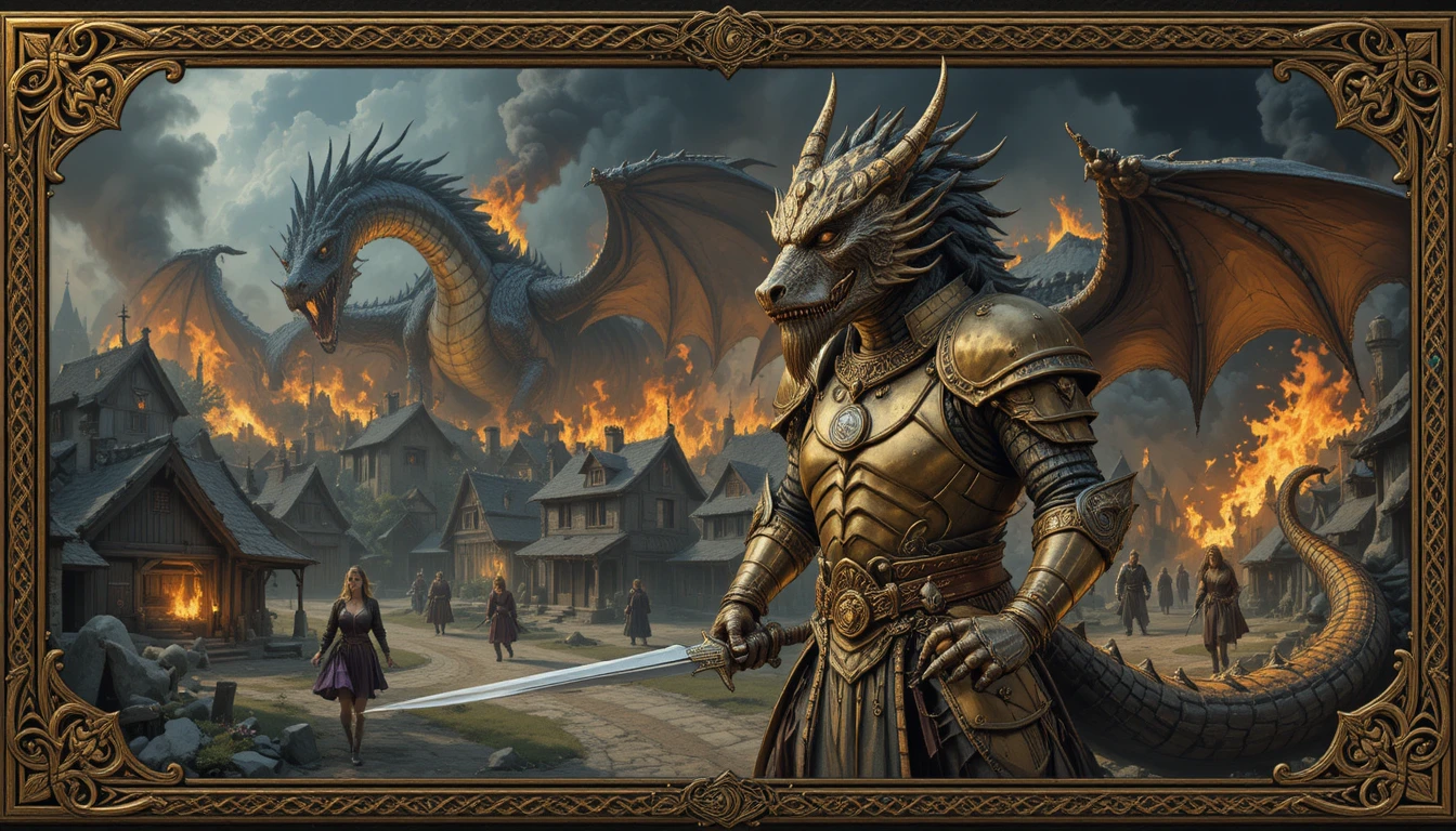 Golden armored dragon warrior before a burning village