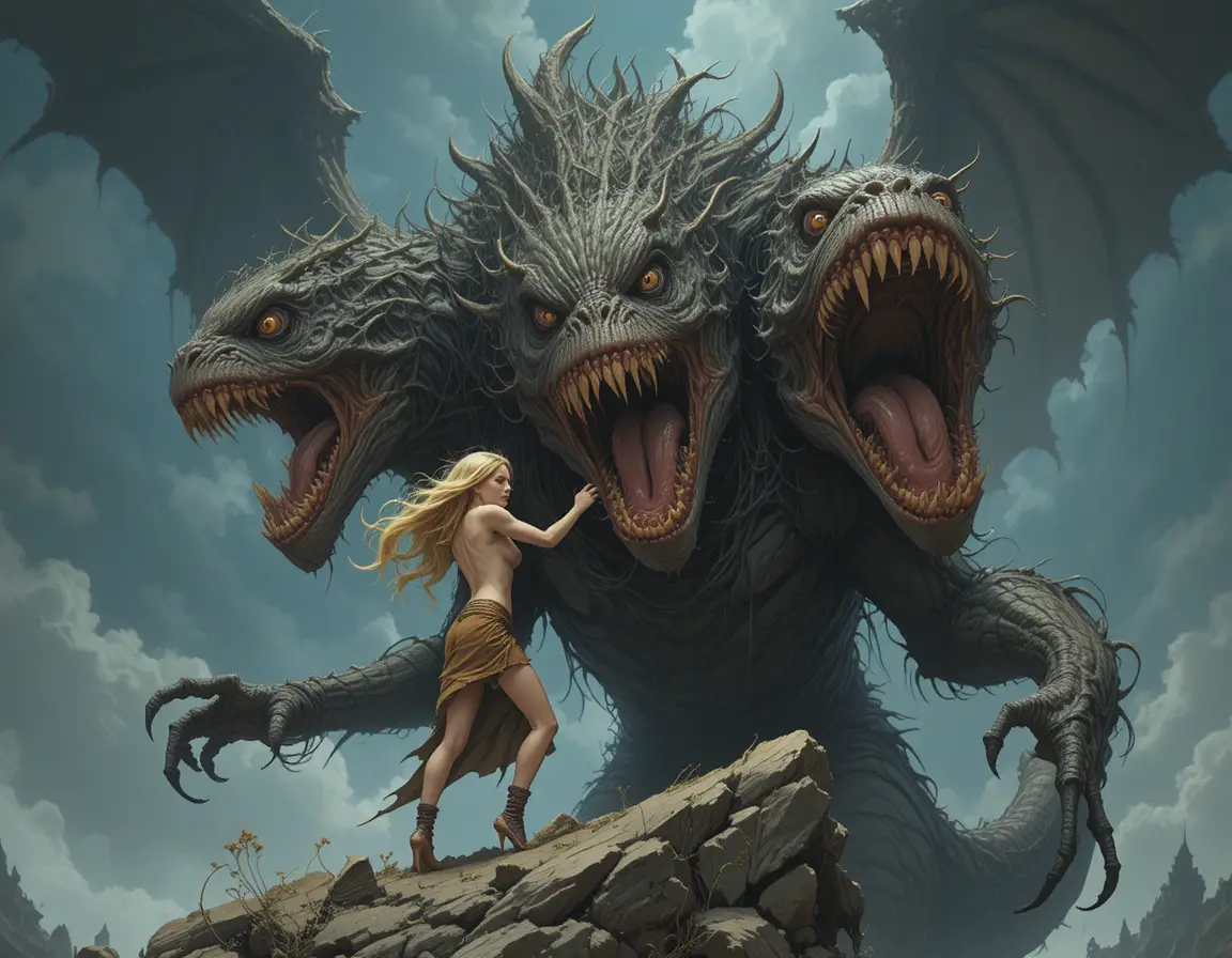 Blonde girl riding a three headed monster under storms