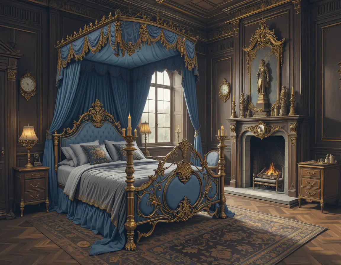 Lussuoso letto antico in una grande camera da letto con pannelli in legno