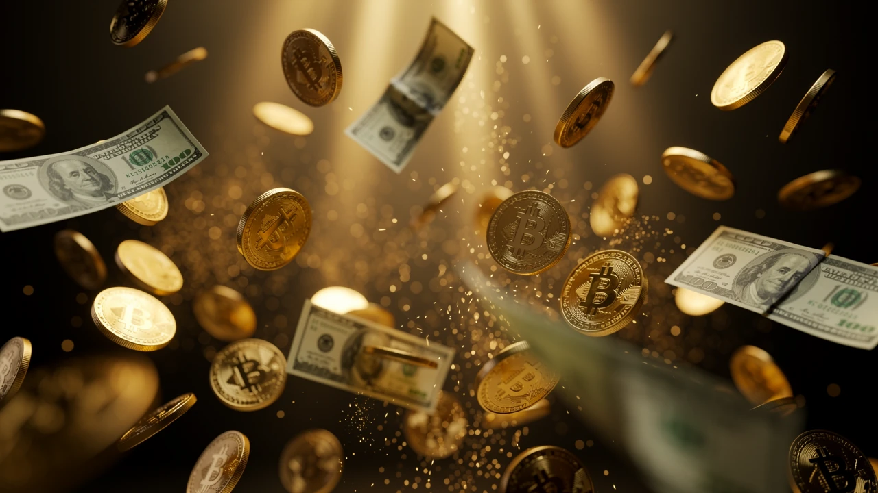 Golden coins and dollar bills floating in warm abstract light