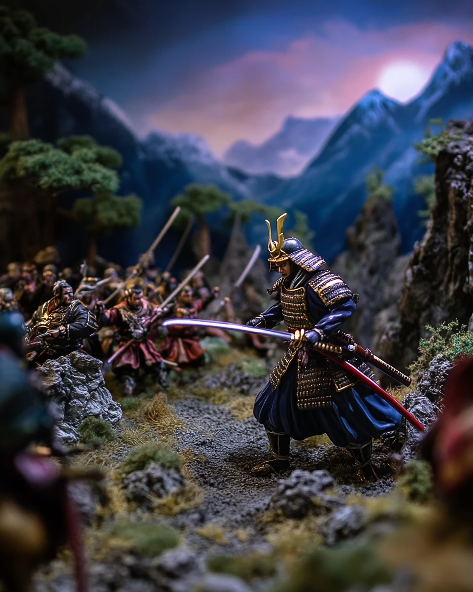 Samurais em miniatura lutando à noite em paisagem montanhosa