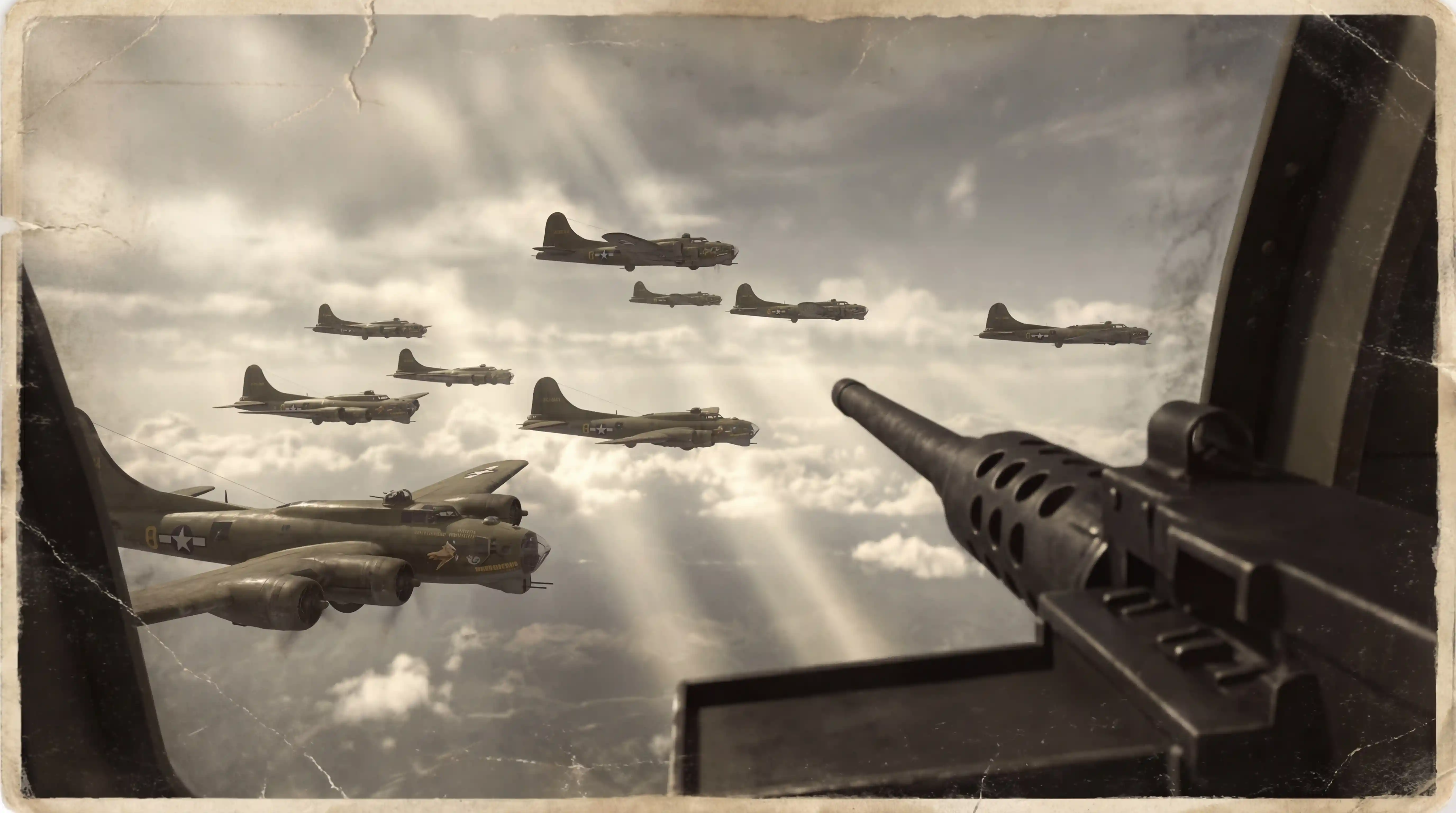 Formação de bombardeiros B-17 voando entre nuvens com cano de metralhadora