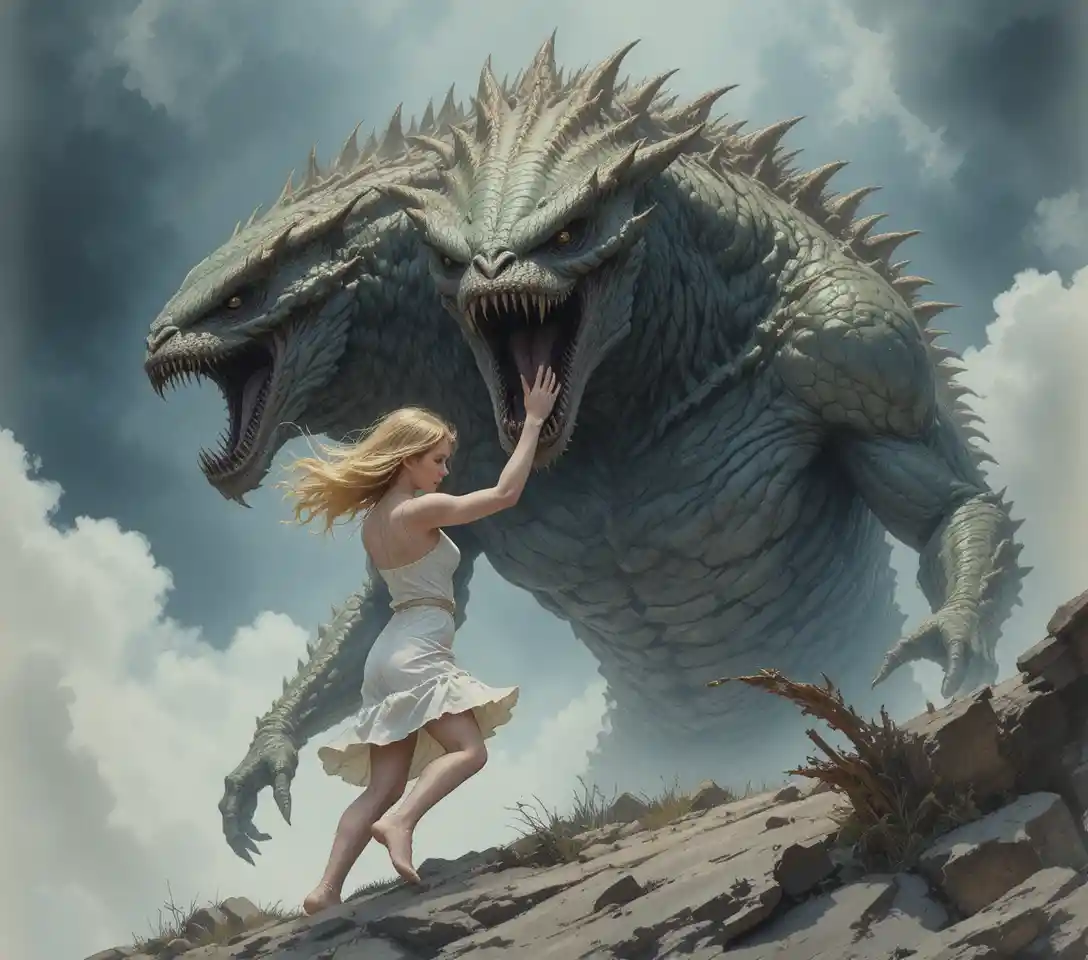 Blonde girl riding a three headed monster under storms