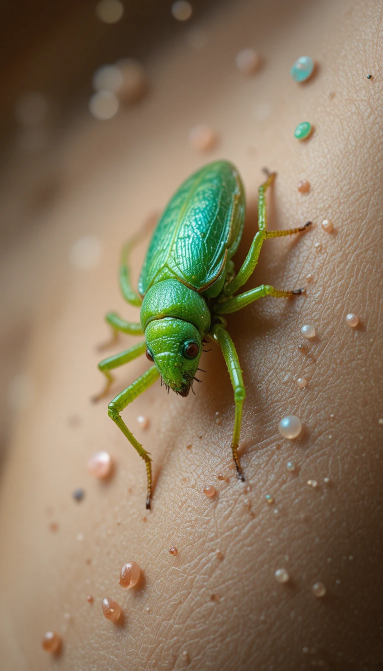 Macro de primer plano de un saltamontes verde sobre piel humana