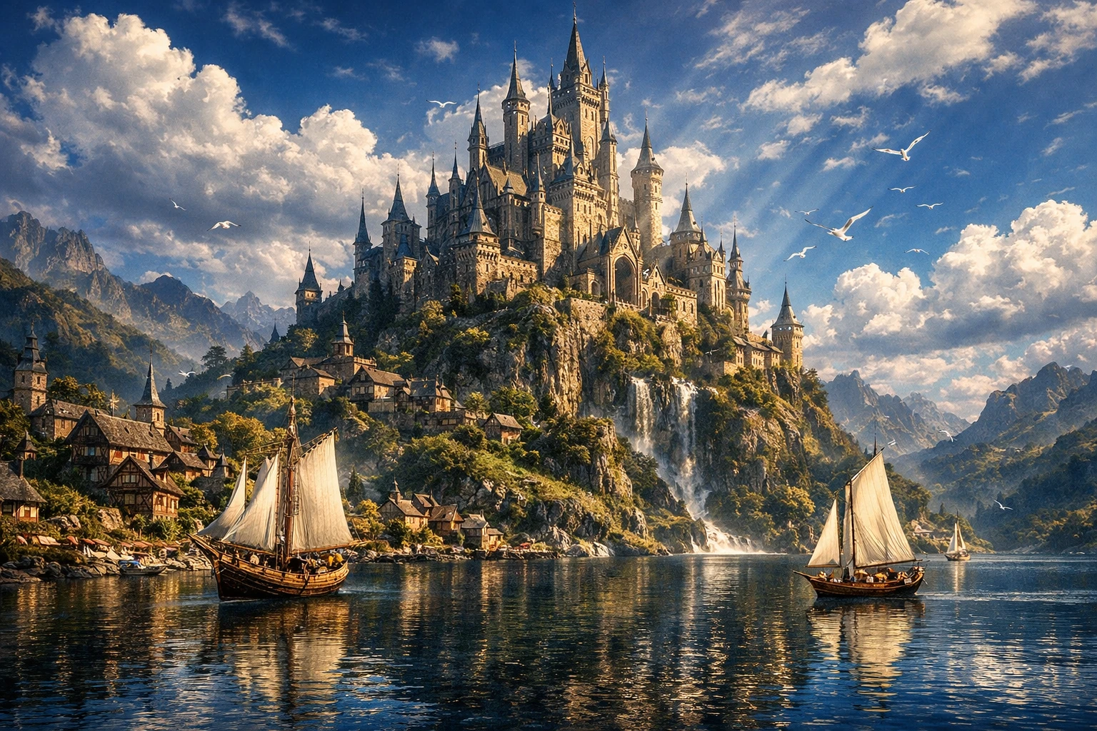Castelo fantástico sobre um porto tranquilo com veleiros