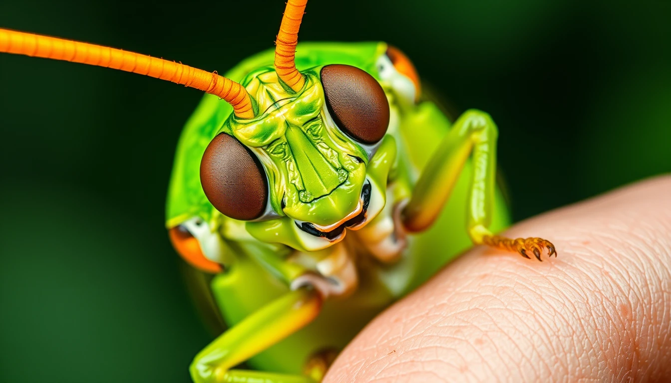 Vista macro de un saltamontes verde aferrado a un pulgar humano