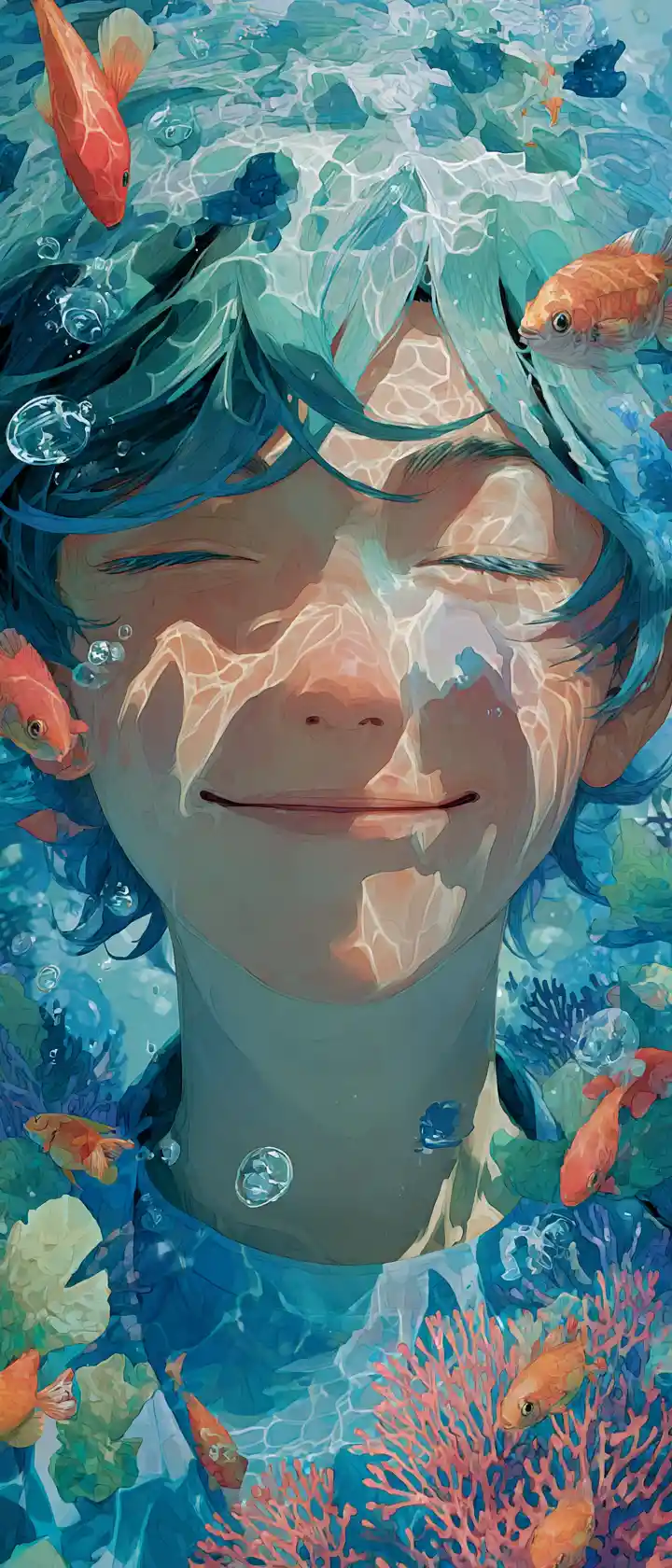 Ragazzo sorridente fuso con un colorato mondo sottomarino di coralli