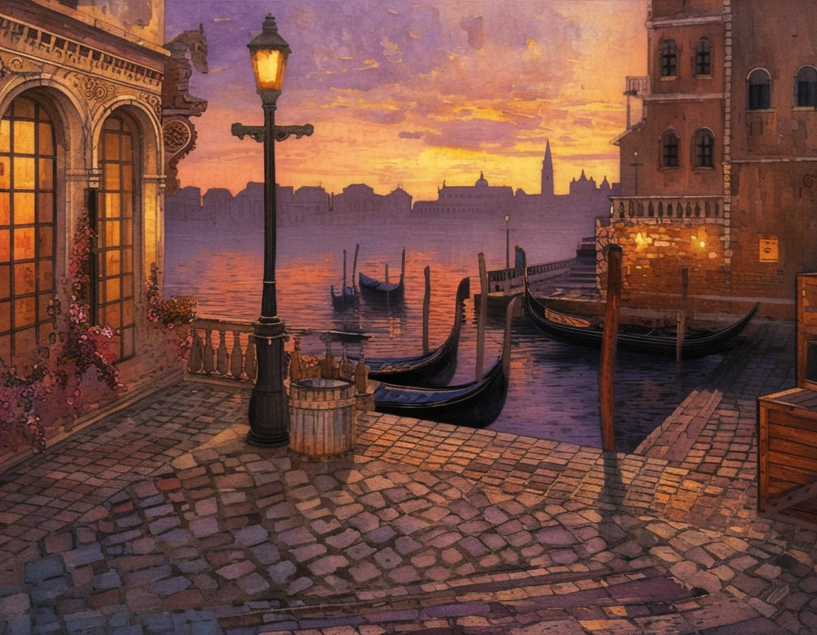 Venetian canal at dusk with gondolas and glowing streetlamp
