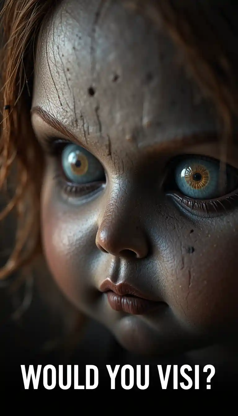 Close-up de uma boneca envelhecida com olhos de vidro sinistros