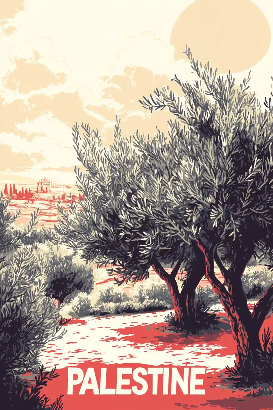 Ulivi mediterranei in paesaggio ricamato in rosso e bianco