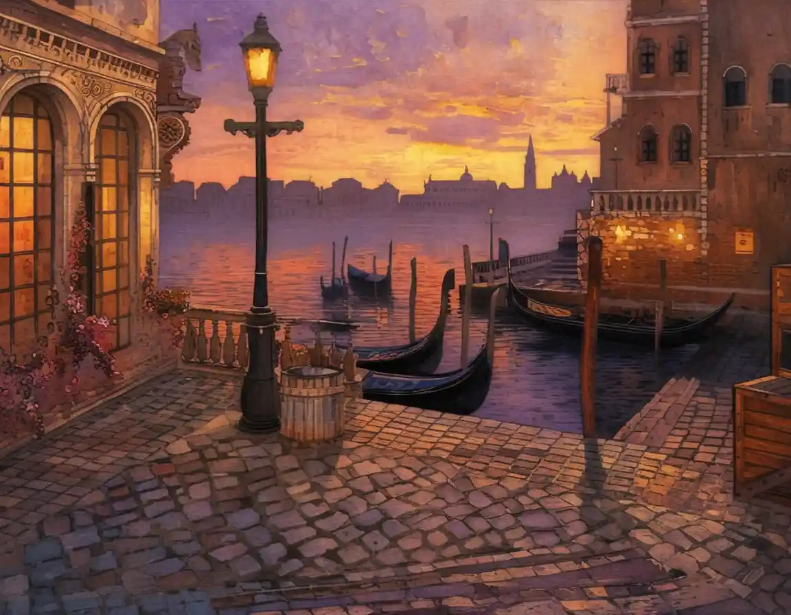 Venezianischer Kanal in der Dämmerung mit Gondeln und leuchtender Straßenlaterne