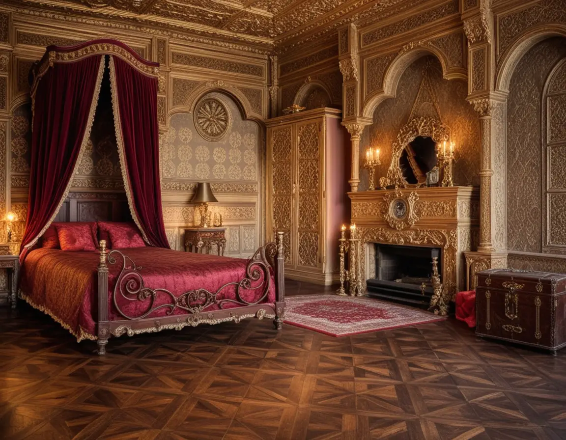 Lussuosa camera da letto antica con letto a baldacchino dorato e camino