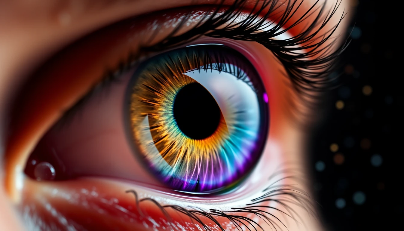 Close-up hiper-realista de um olho humano com cores cósmicas