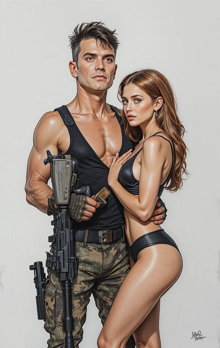 무장한 남성과 걱정스러운 여성의 색연필 그림
