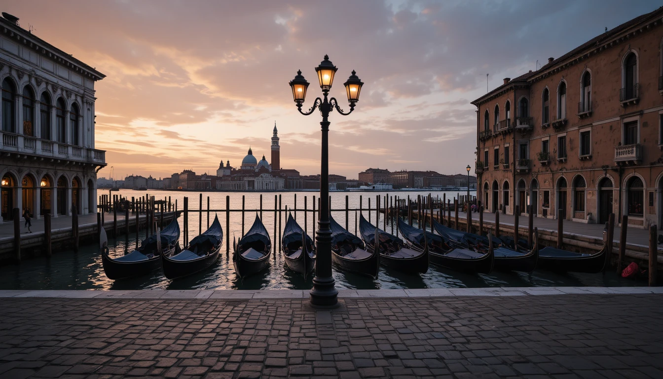 Venetian canal at dusk with gondolas and glowing lamppost