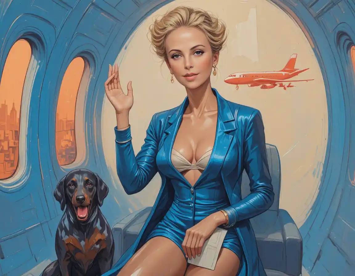 Futuristic couple with doberman by glowing city window