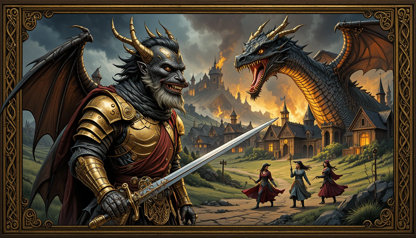 Gold armored dragon warrior before a burning village