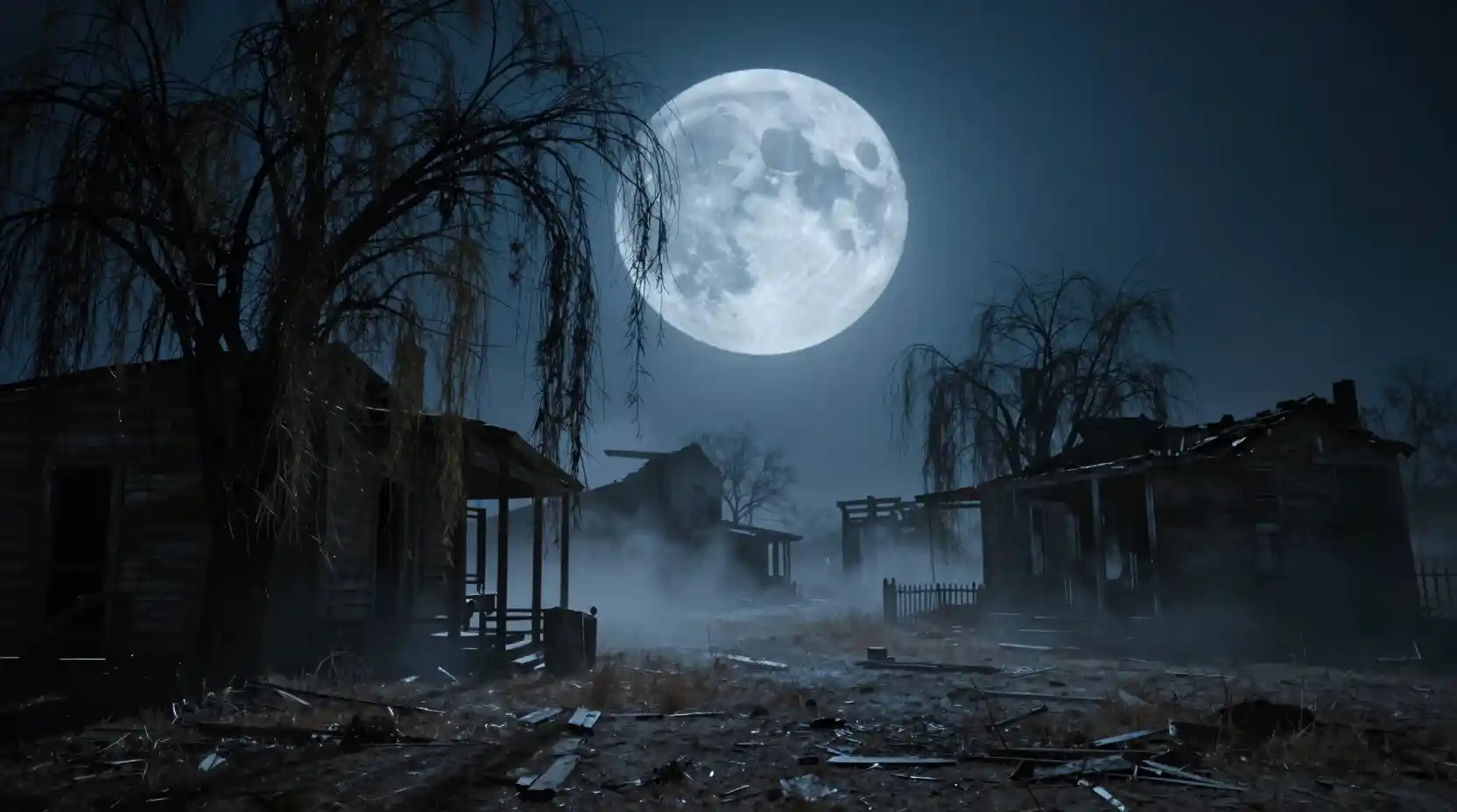 Ciudad fantasma desolada bajo una inquietante luna llena azul