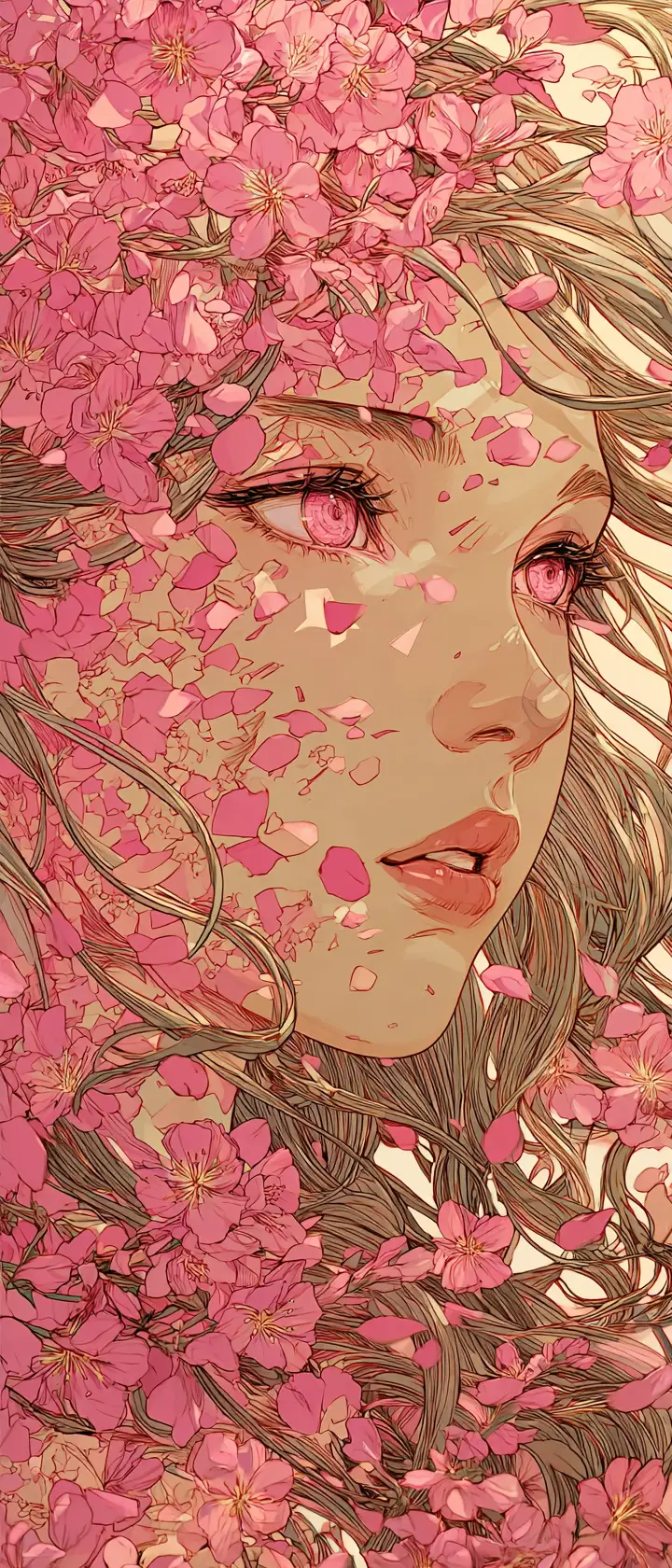黃昏中與櫻花花瓣融為一體的動漫女子