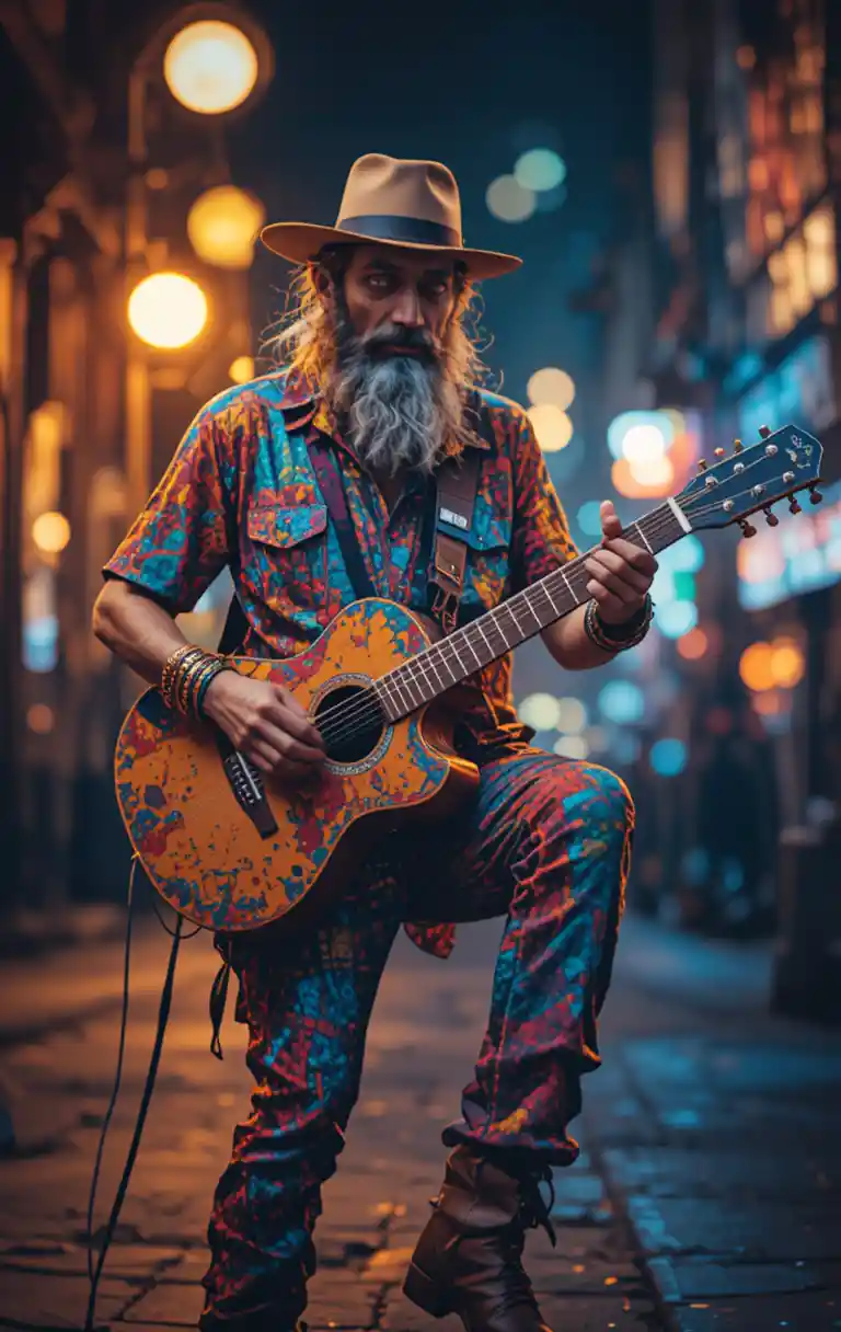 Old street musician playing colorful guitar at night