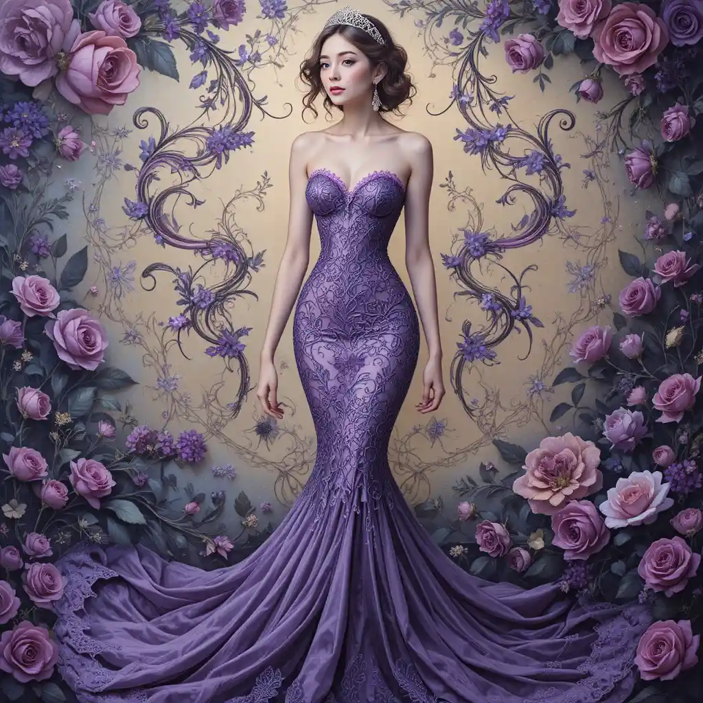 Elegant woman in purple lace dress with floral backdrop