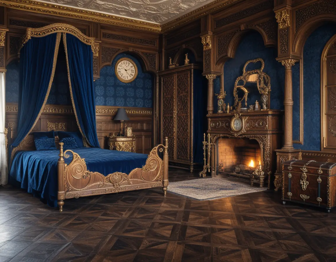 Lussuoso letto a baldacchino antico in una sontuosa camera da letto in legno