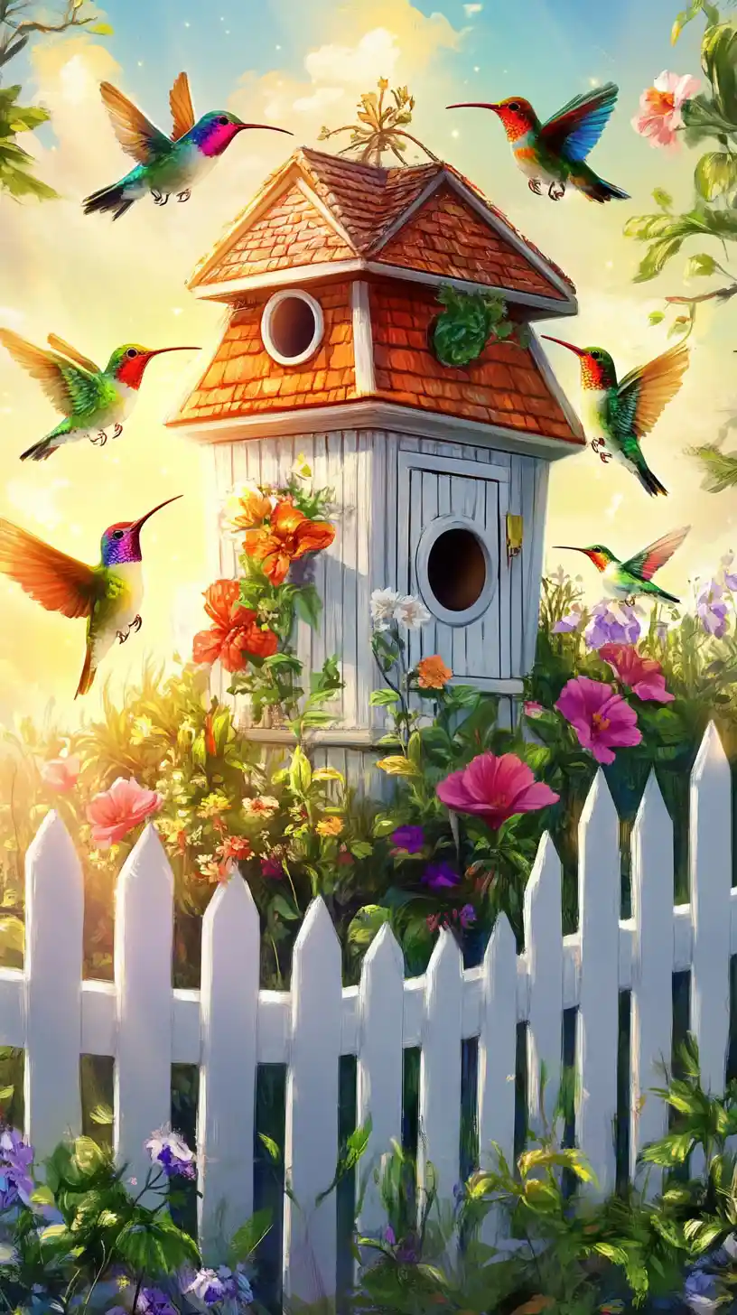 Casita de pájaros decorativa en un jardín soleado con colibríes