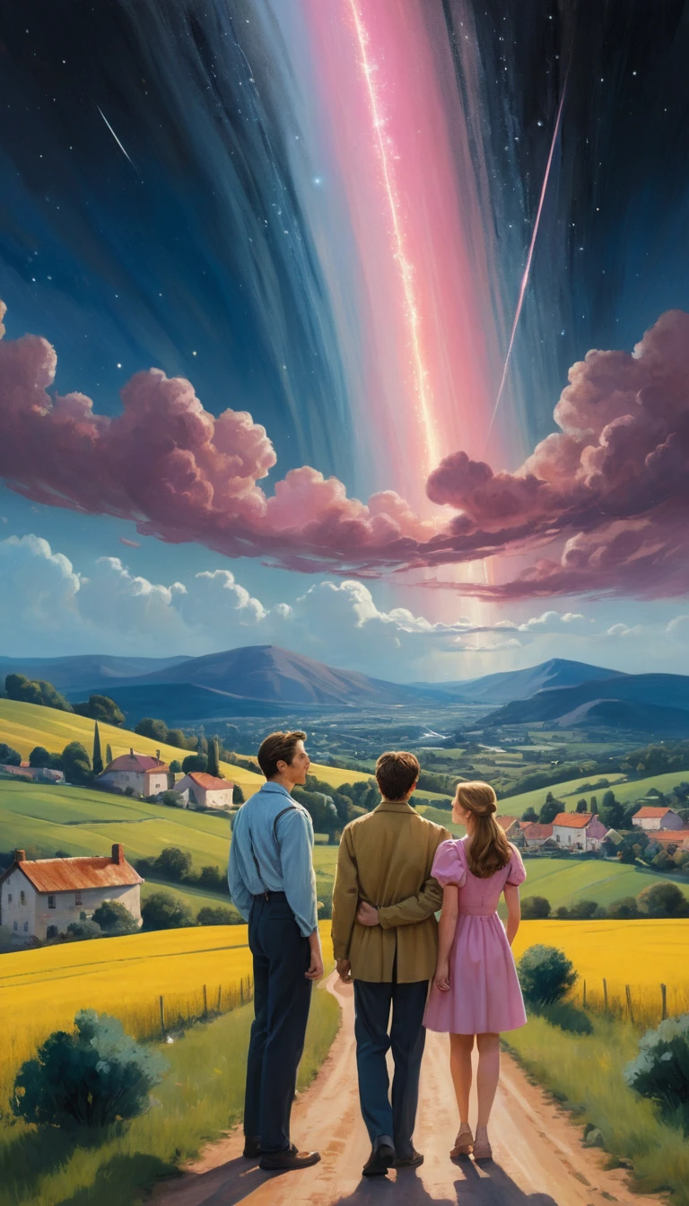 Coppia che osserva una brillante stella cadente sopra colline rurali