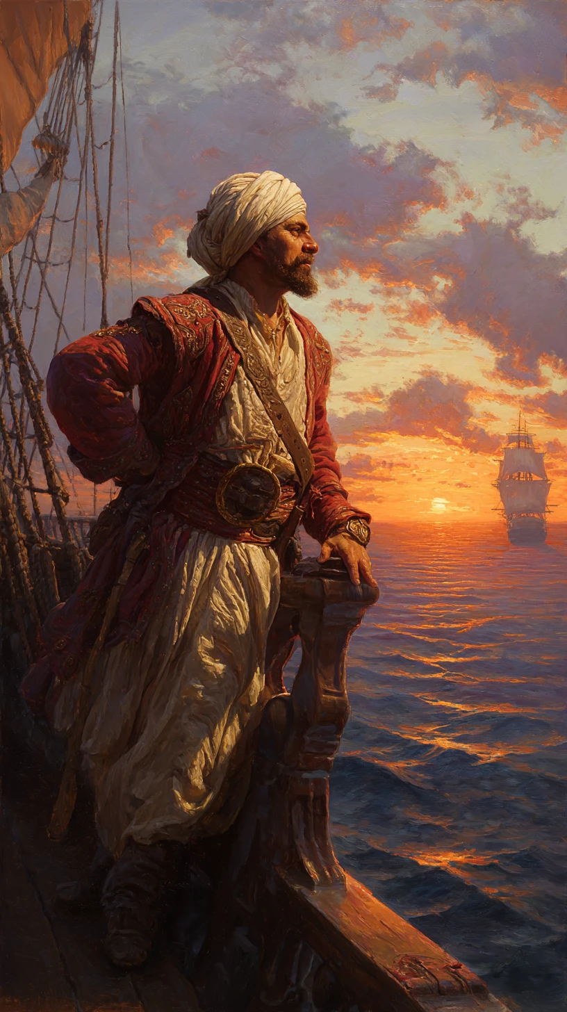 Algerian corsair captain on a xebec at sunset
