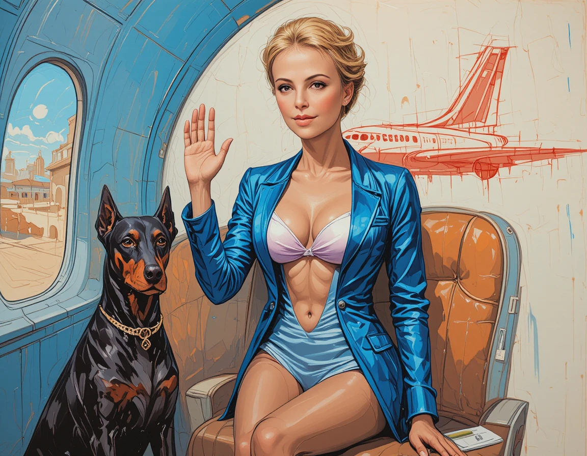 Coppia sci‑fi con dobermann in stanza futuristica blu
