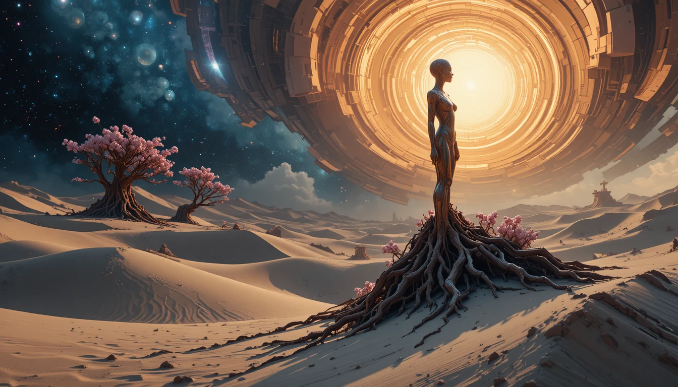Scultura astratta surreale che si innalza sopra dune desertiche illuminate dal sole