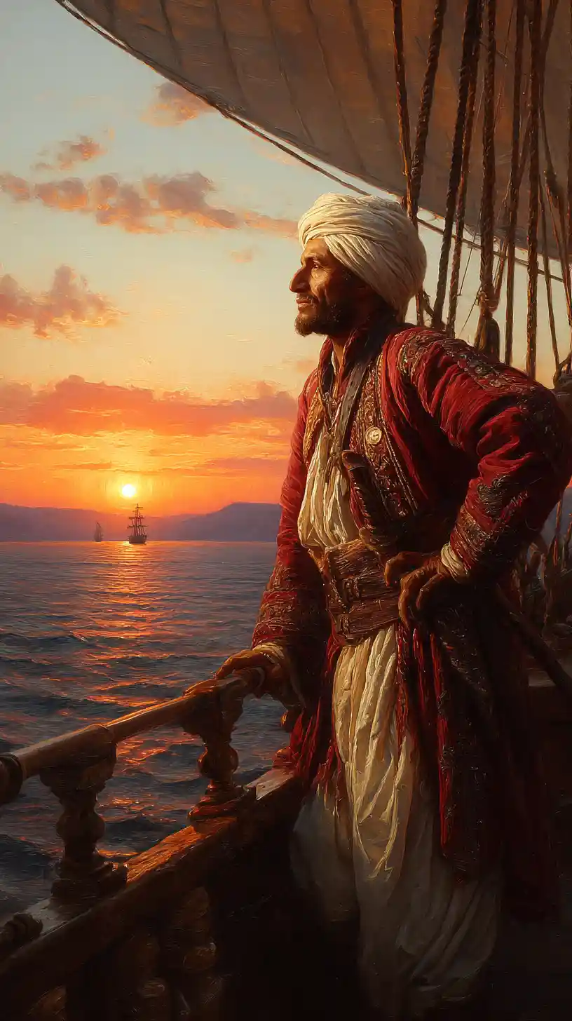 Capitão corsário argelino em um xebec ao pôr do sol