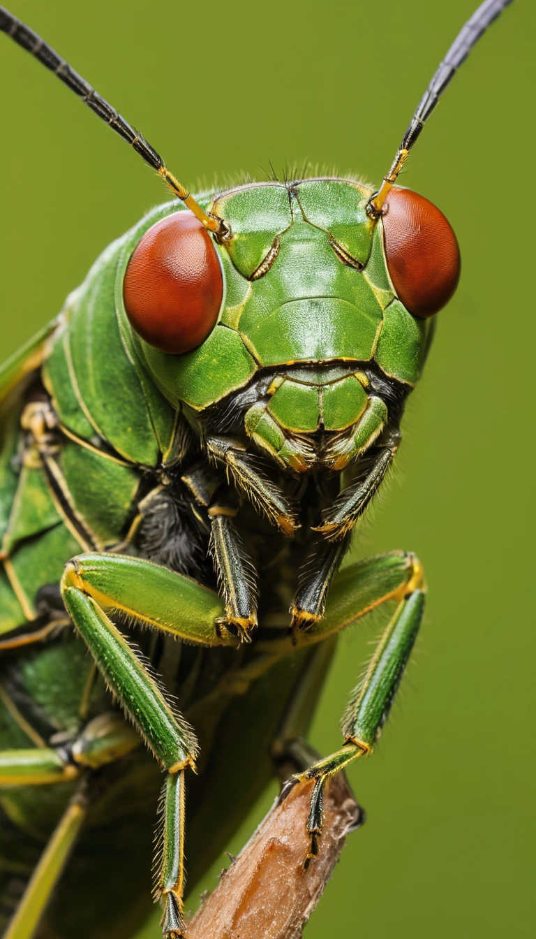 Vista macro de un saltamontes verde aferrado a la piel humana