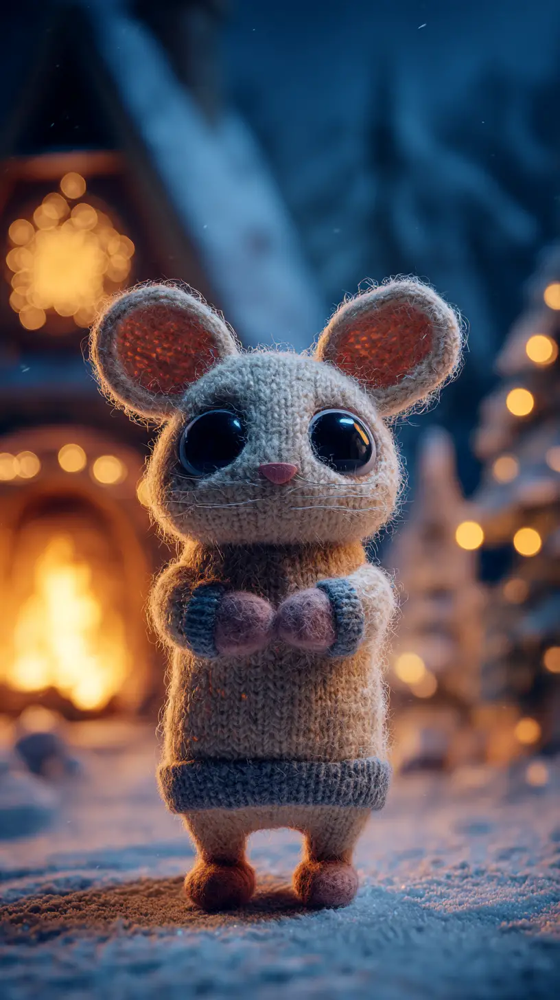 Süße Filzmauspuppe in einer gemütlichen verschneiten Weihnachtsszene
