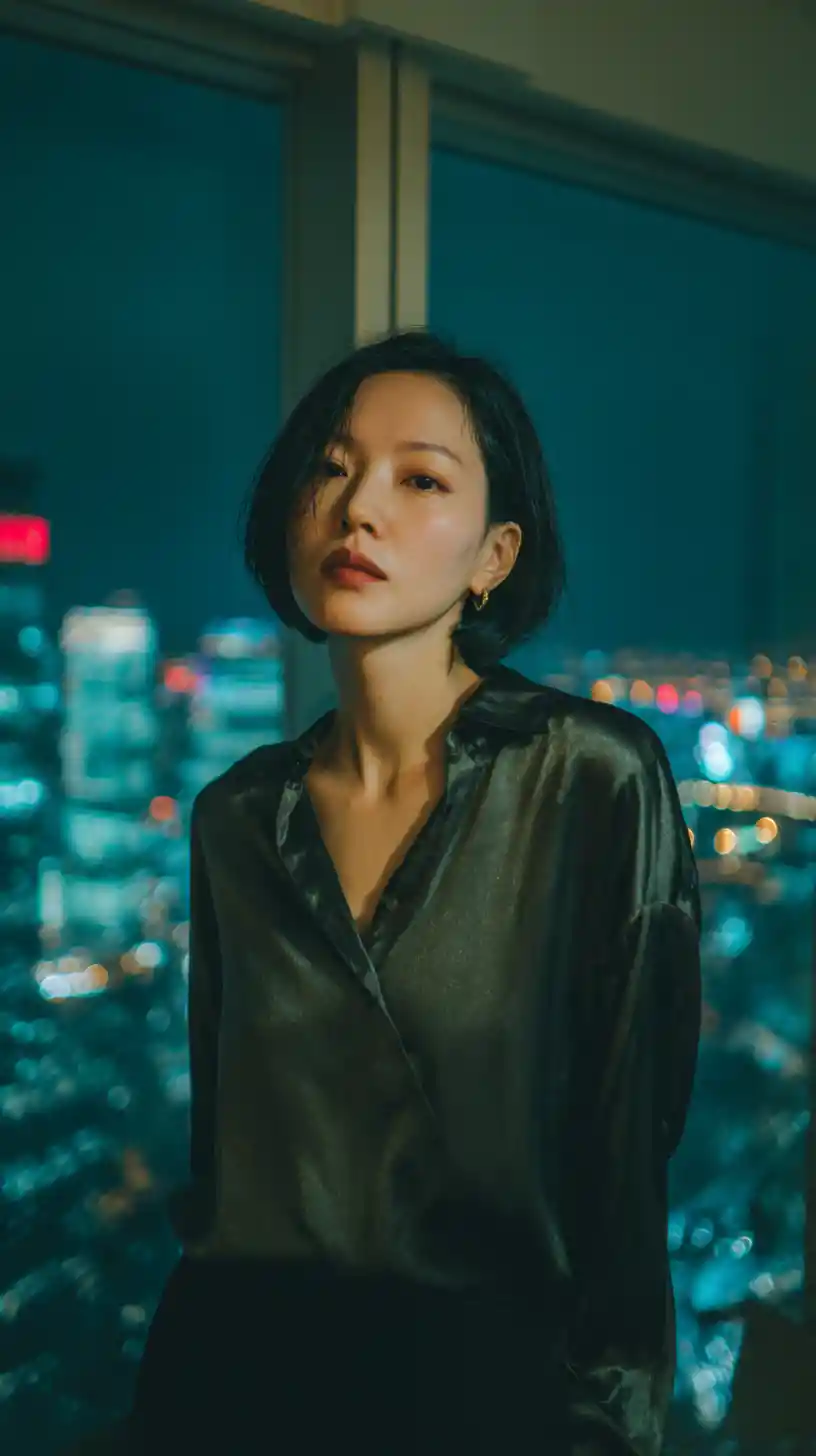 夜晚城市公寓窗邊的東亞女子