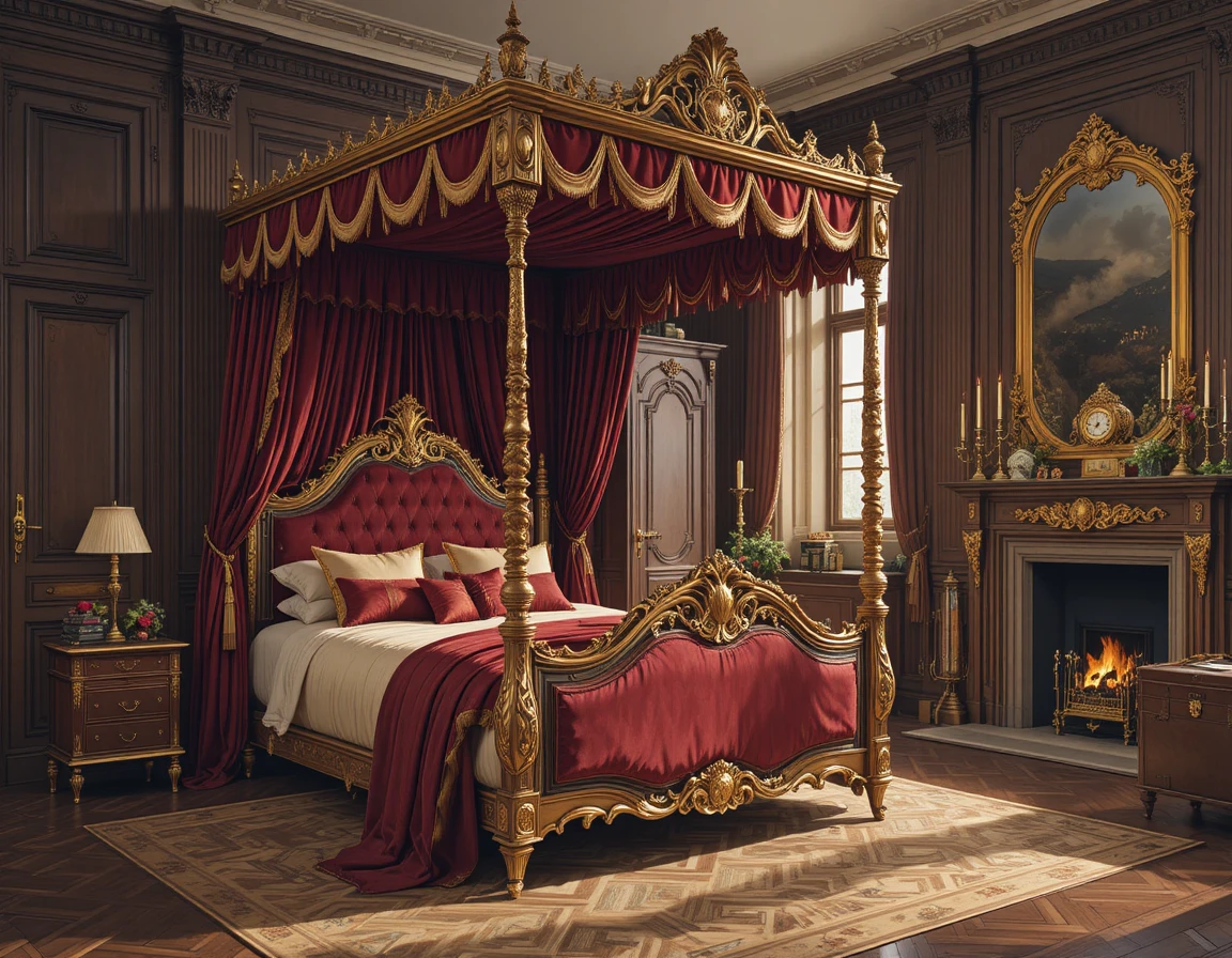Lussuoso letto antico in una grandiosa camera da letto con tende di velluto
