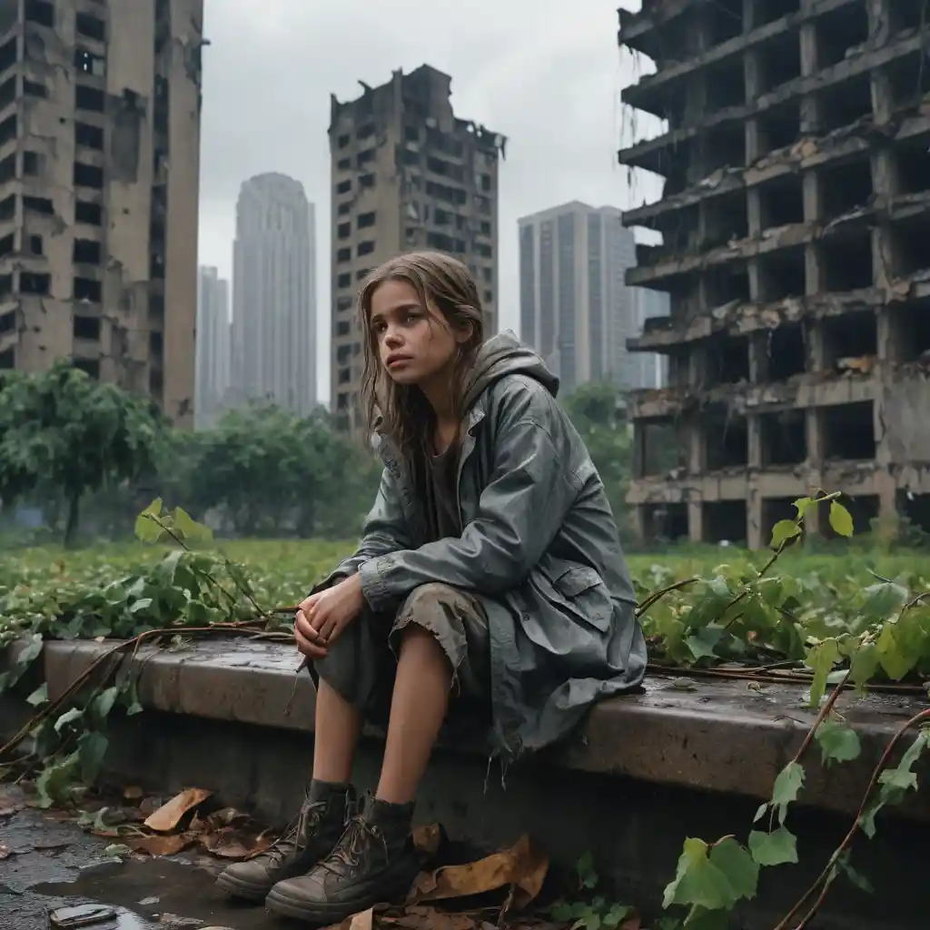Girl in ragged clothes alone on a ruined city bench