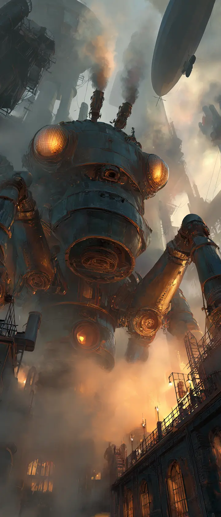 Gigantische Steampunk-Ameise über nebliger Industriestadt