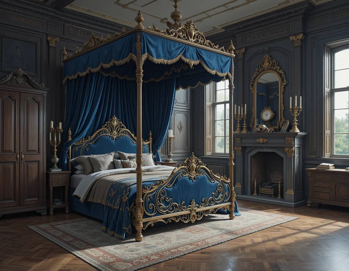 Lussuosa camera da letto antica con letto a baldacchino e caminetto