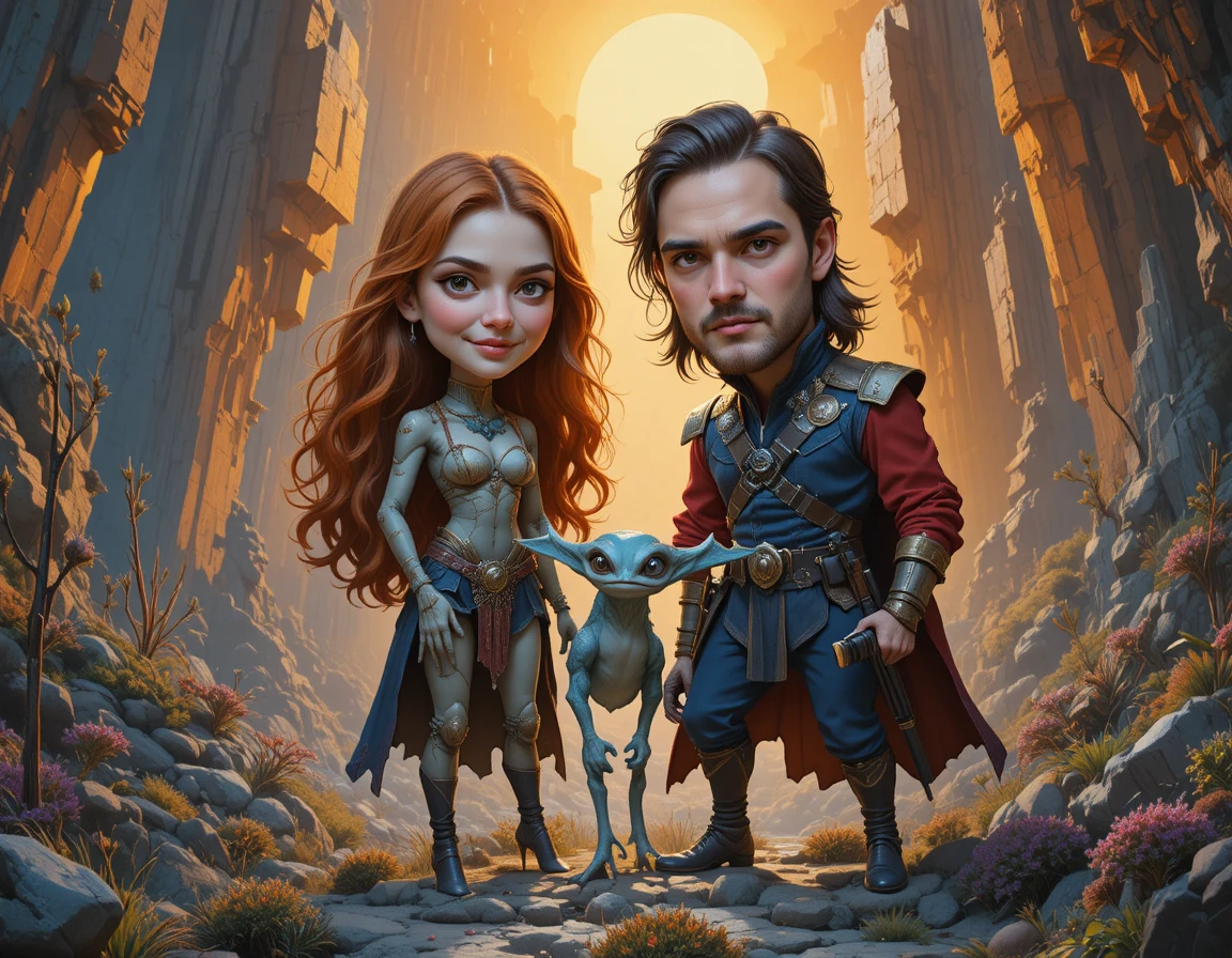 Fantastischer Zentaur und bewaffneter Mann in einer außerirdischen Kristalllandschaft