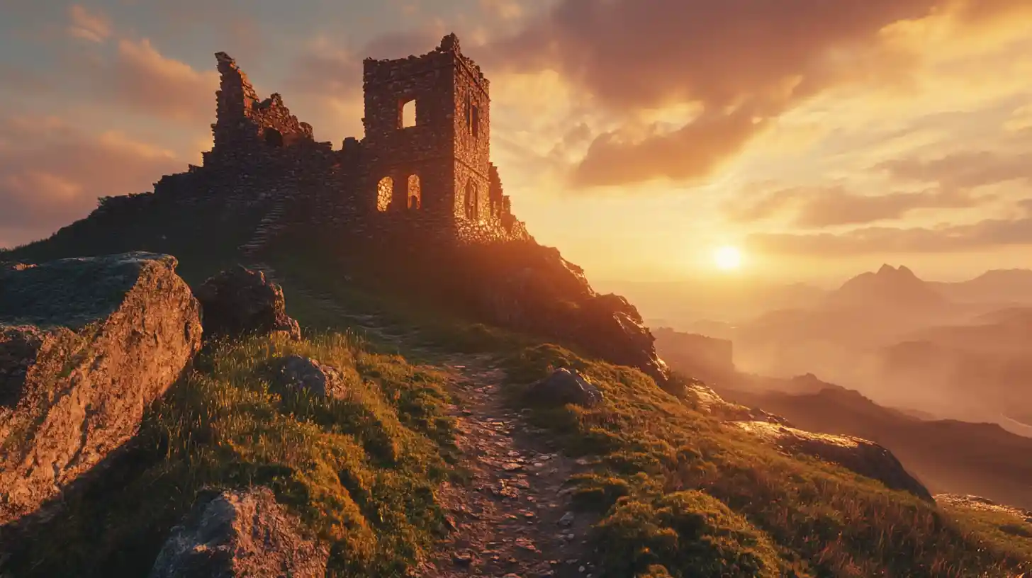 Antica Rovina di Castello su una Scogliera al Tramonto