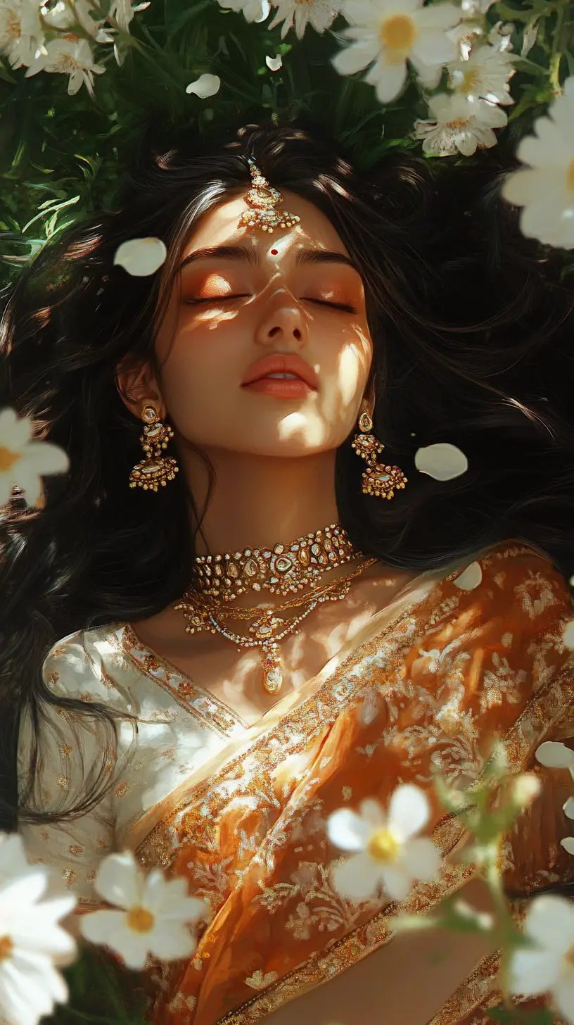 在白色花田中休憩的印度女子