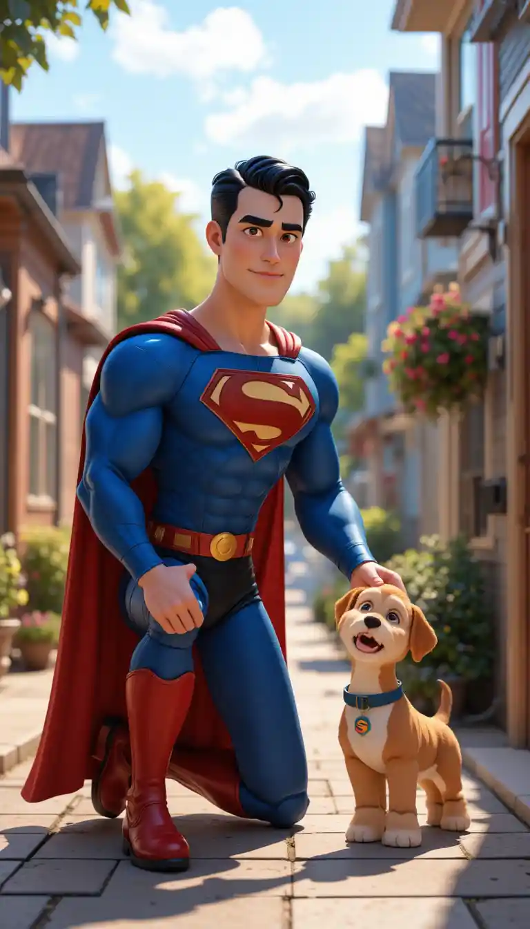 Superhero comforting a lost dog on a sunny neighborhood street